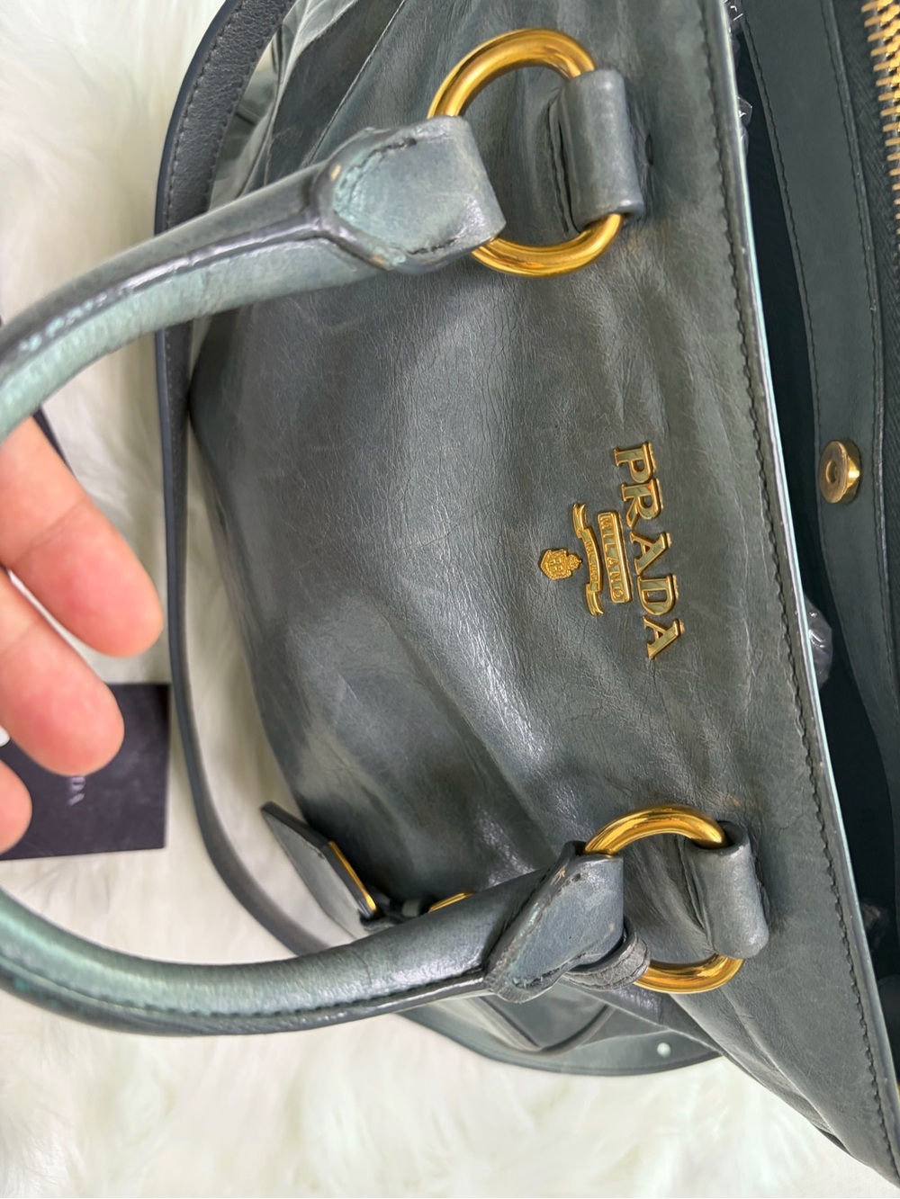 Prada Metallic Gray Leather Shoulder Bag with Gold Hardware - Picture 6 of 17